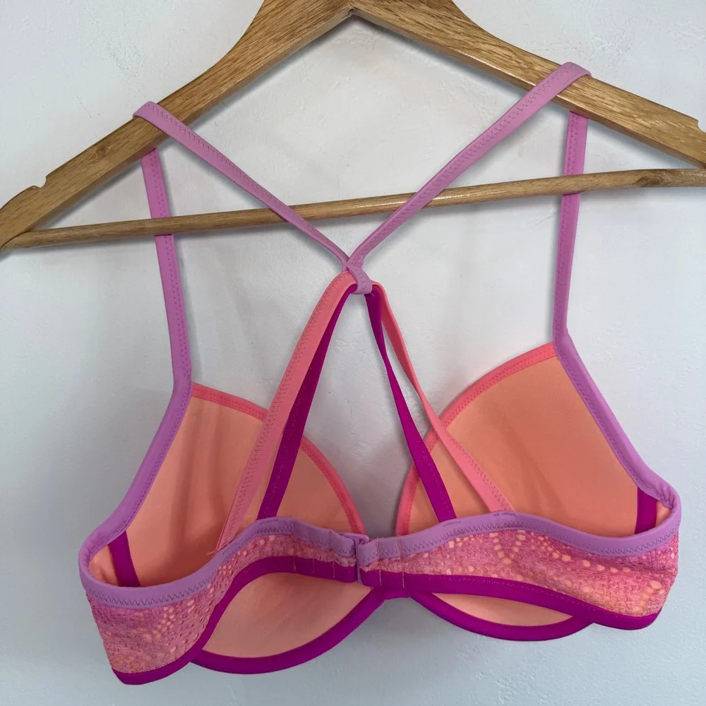 Victoria's Secret Fabulous Bikini Top‎ 34D Pink Ombre Lace Strappy Swim Barbie